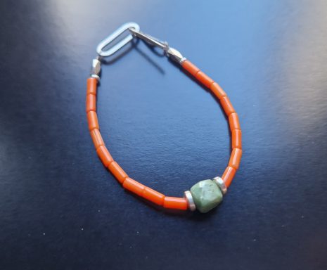 SOLD Silver, orange coral and jade bracelet £70