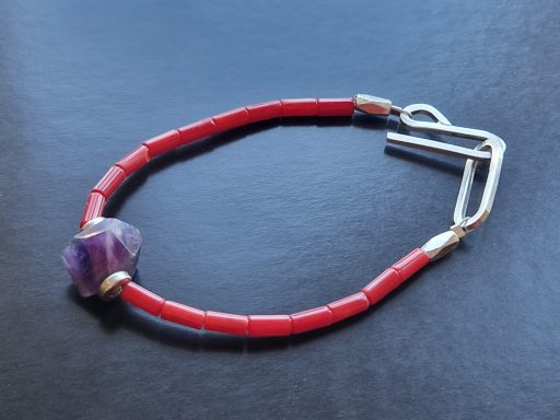 Red coral bracelet with amethyst and silver clasp £70