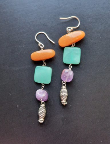 long earrings with carnelian, chrysoprase and amethyst £60