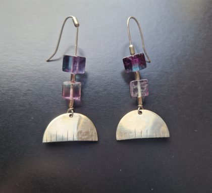 SOLD Earrings with cubes of rainbow fluorite and hammered silver half discs £80